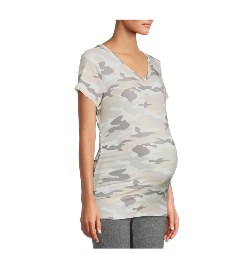 New Time & Tru Maternity Grey Camo V Neck Short Sleeve Tshirt Large 12-14